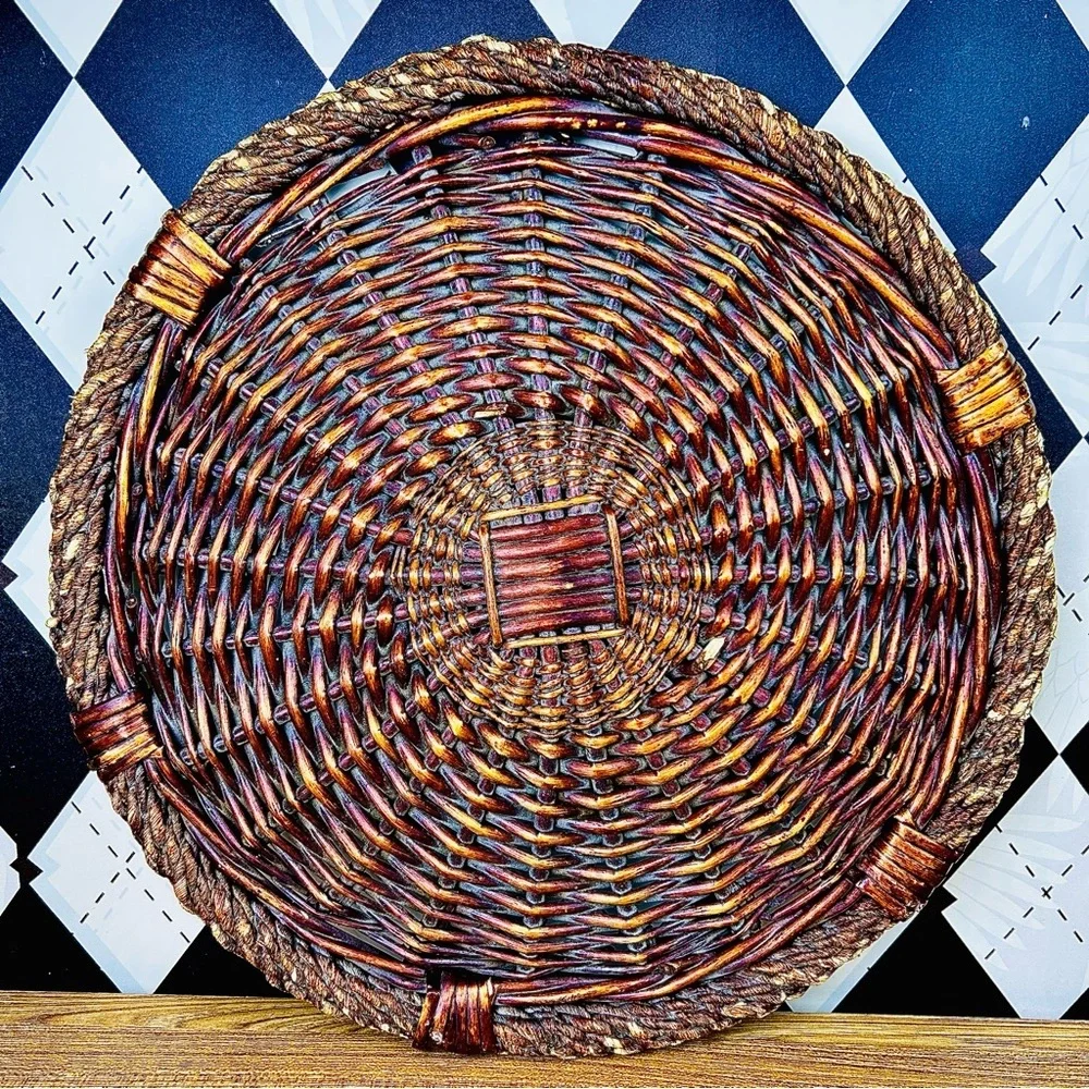 Handwoven Rattan Round Basket‎ Tray – Primitive Rustic Decor Vintage 17”